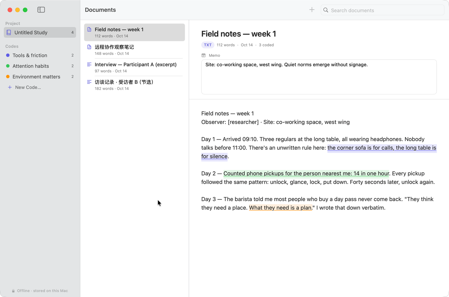 Weft showing a coded interview with colored highlights
