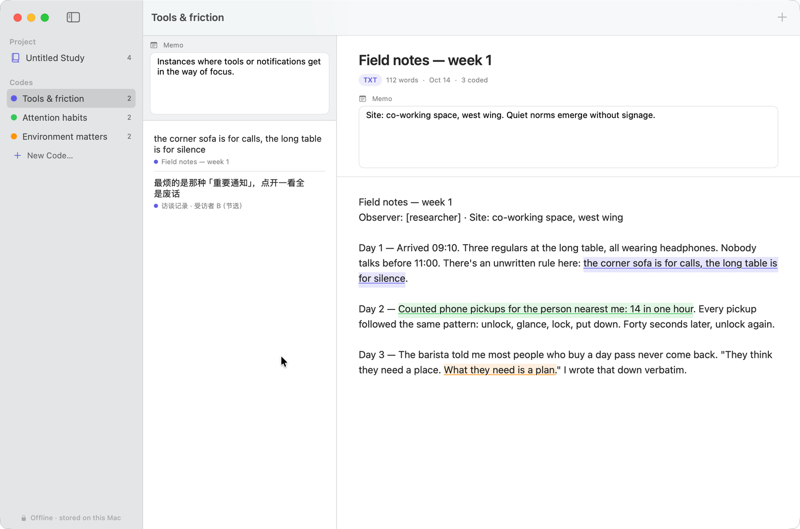 Weft showing a code, its memo, and every excerpt coded with it across documents